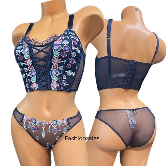 Victorias Secret Dream Angels Lace-up Embroidered Corset Top Bra & Cheekini S - Picture 3 of 4